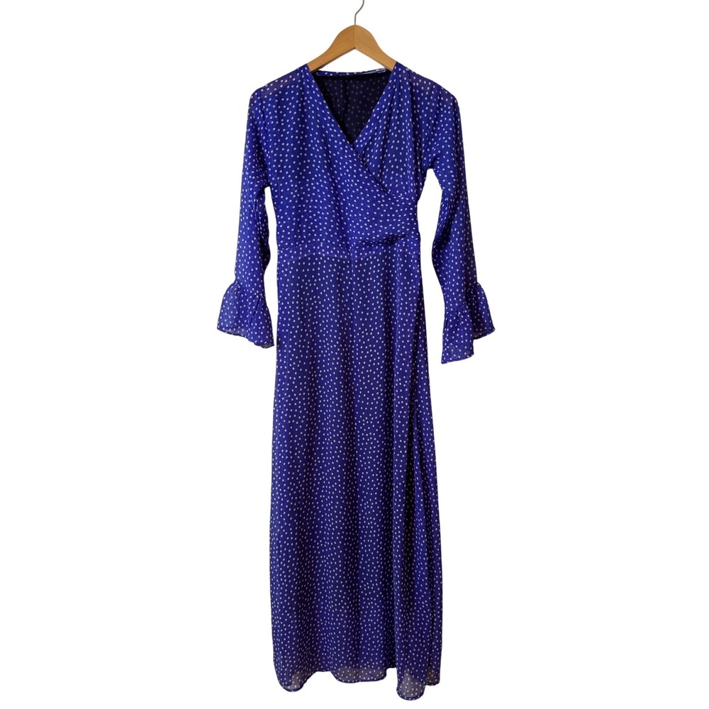 Blue Polka Dot Chiffon Maxi Wrap Dress S Long Sleeve Ruffle Wedding Guest Fairy